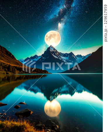 満月が浮かぶ夜の湖と山脈 満月が浮かぶ夜の湖と山脈 129617959