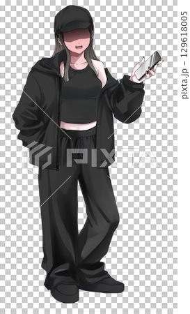 A suspicious girl dressed in all black is embarrassed A suspicious girl dressed in all black is embarrassed 129618005