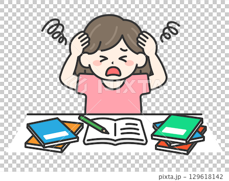 テスト前日｜試験勉強に追われて頭を抱える、女性のイラスト 129618142