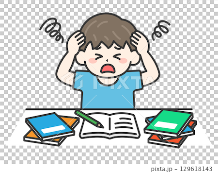テスト前日｜試験勉強に追われて頭を抱える、男性のイラスト 129618143