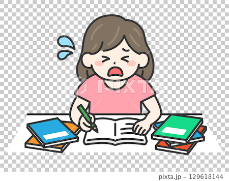 考試前一天 | 一位沮喪的女人匆忙準備考試的插圖 129618144