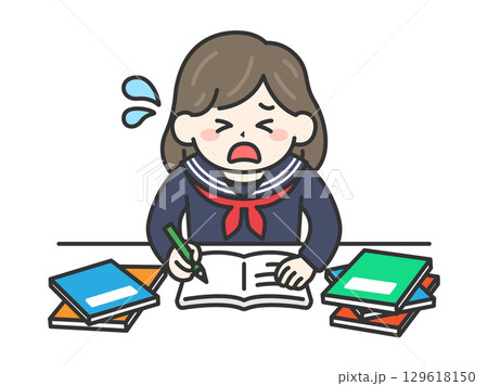 テスト前日｜焦りながら試験勉強をする、学生服を着た女性のイラスト 129618150