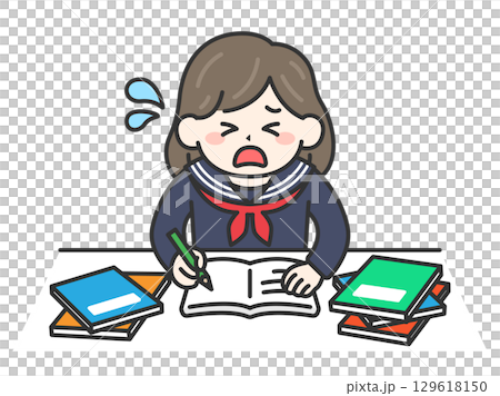 テスト前日｜焦りながら試験勉強をする、学生服を着た女性のイラスト 129618150