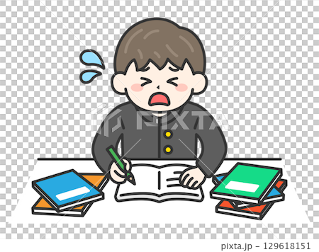 テスト前日｜焦りながら試験勉強をする、学生服を着た男性のイラスト 129618151