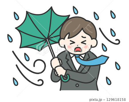台風の日に傘が裏返ってしまった、スーツの男性のイラスト|強風・大雨・台風の日 台風の日に傘が裏返ってしまった、スーツの男性のイラスト|強風・大雨・台風の日 129618158