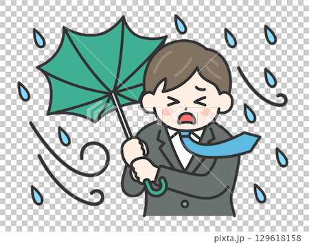 台風の日に傘が裏返ってしまった、スーツの男性のイラスト|強風・大雨・台風の日 台風の日に傘が裏返ってしまった、スーツの男性のイラスト|強風・大雨・台風の日 129618158