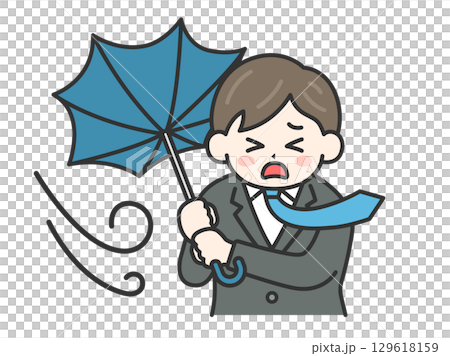 圖：西裝革履的男子，他的雨傘被強風吹翻 | 強風、暴雨、颱風天 129618159