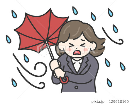 台風の日に傘が裏返ってしまった、スーツの女性のイラスト｜強風・大雨・台風の日 129618160