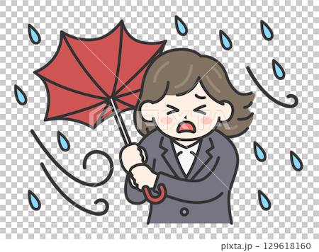 颱風天，一位穿著西裝、撐著反傘的女士的插圖 | 強風、大雨、颱風天 129618160