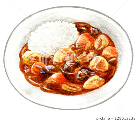 カフェメニューの色鉛筆画ワンポイント　ビーフカレー 129618238