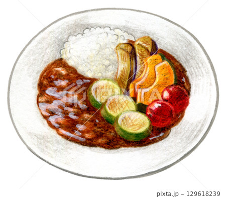 カフェメニューの色鉛筆画ワンポイント　夏野菜カレー 129618239