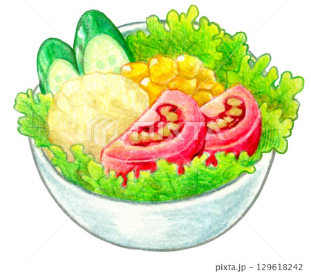 カフェメニューの色鉛筆画ワンポイント サラダ カフェメニューの色鉛筆画ワンポイント サラダ 129618242