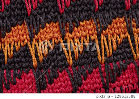 Women's handbag brown color hand knitted with orange-red weaves and long handle 129618389