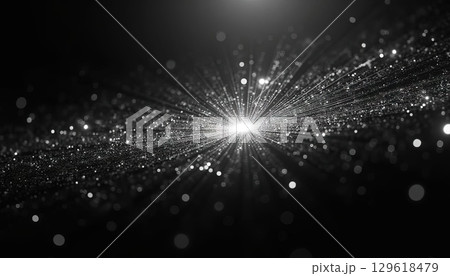Futuristic light beams and glowing trails in motion creating a tunnel effect with speed lines. Generated AI 129618479