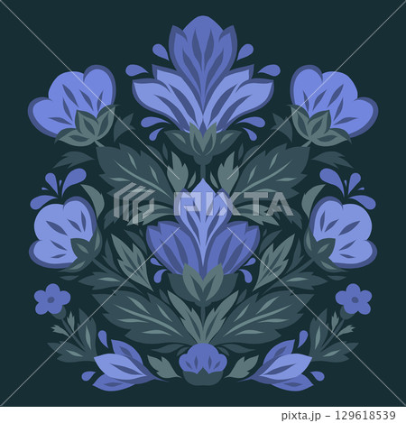 Vector decorative card with blue flower arrangement on dark background. Symmetrical stylized flowers in folk art style. Summer bloom bouquet Vector decorative card with blue flower arrangement on dark background. Symmetrical stylized flowers in folk art style. Summer bloom bouquet 129618539