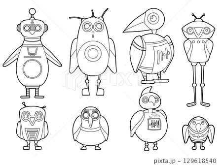 Vector set of contour cute cartoon robot birds. Collection of outline bird clip art automatons. Future pets. Vector set of contour cute cartoon robot birds. Collection of outline bird clip art automatons. Future pets. 129618540
