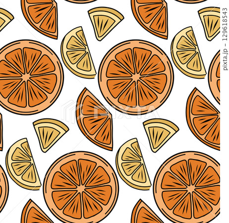 Vector summer seamless pattern with hand drawn orange and lemon slices. Doodle citrus fruit texture on white background. 129618543