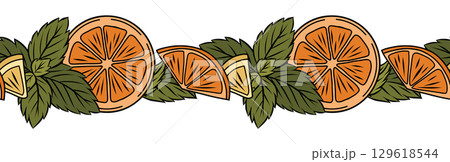 Vector seamless border with hand drawn mint leaves and orange slices. Friezes with doodle peppermint and lemons 129618544