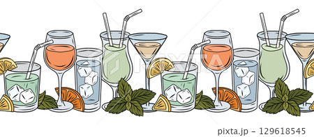 Vector seamless border with cocktail glasses, lemon slices, and mint leaves. Horizontal friezes with drinks in contour style. 129618545