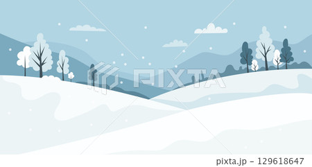 Winter Mountain Snow landscape poster. Seasonal Nature. Minimal winter-time horizontal background banner. Vector illustration. Not AI Winter Mountain Snow landscape poster. Seasonal Nature. Minimal winter-time horizontal background banner. Vector illustration. Not AI 129618647