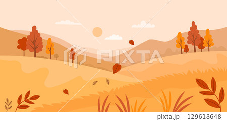 Autumn landscape Park with trees, mountains, hills and falling leaves poster. Golden Seasonal Nature. Minimal fall horizontal background banner. Vector illustration. Not AI Autumn landscape Park with trees, mountains, hills and falling leaves poster. Golden Seasonal Nature. Minimal fall horizontal background banner. Vector illustration. Not AI 129618648