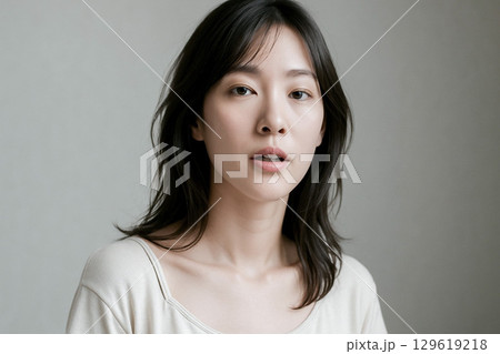 唇を少しだけ開けて、ほんのり驚いている東洋の女性のポートレート 唇を少しだけ開けて、ほんのり驚いている東洋の女性のポートレート 129619218