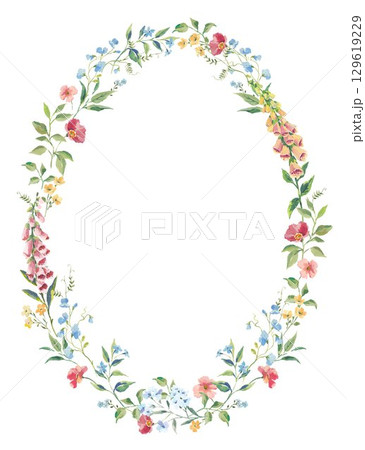 Watercolor Floral Oval Wreath with Blue Ribbon, Hand-Painted Botanical Frame for Wedding Invitations, Greeting Cards, Baby Shower, and Spring Decor 129619229