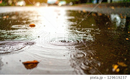 雨上がりの街路と水たまりの波紋1 129619237