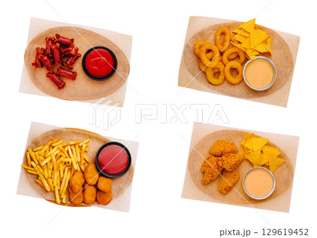 Delicious variety of fast food platters served at a casual dining restaurant Delicious variety of fast food platters served at a casual dining restaurant 129619452