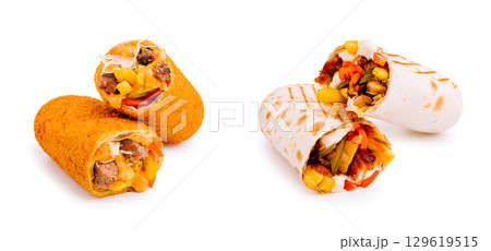 Delicious wraps filled with savory ingredients on a white background Delicious wraps filled with savory ingredients on a white background 129619515