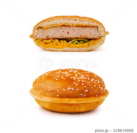 Savory sandwich options featuring juicy fillings and fresh toppings 129619888