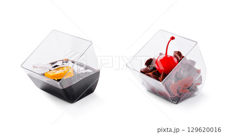 Refreshing dessert and drink served in stylish glass containers 129620016