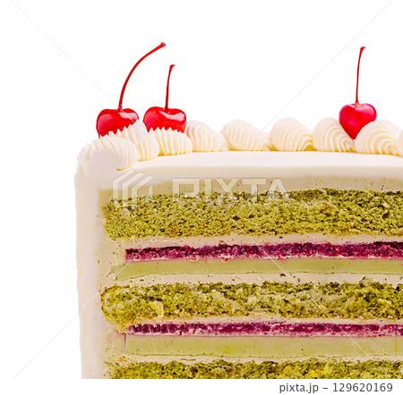 Colorful layered cake decorated with cherries on top for celebration 129620169