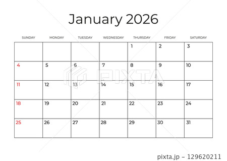 Printable Monthly Calendar template for January 2026. Week Starts on SUNDAY. Wall Calendar in a Minimalist Style. Simple and clean design. Vector illustration 129620211