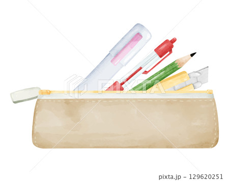 水彩画風の筆箱と筆記用具とカッターのイラスト 水彩画風の筆箱と筆記用具とカッターのイラスト 129620251