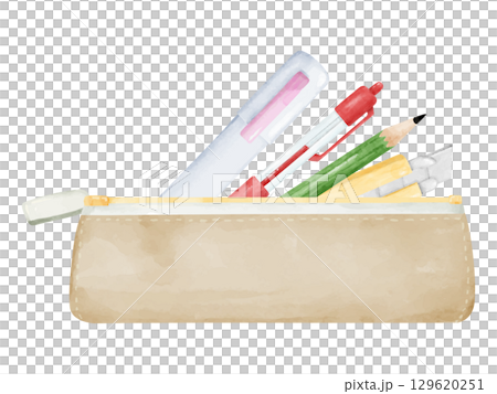 水彩画風の筆箱と筆記用具とカッターのイラスト 水彩画風の筆箱と筆記用具とカッターのイラスト 129620251