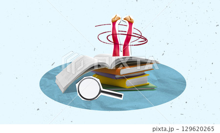 Surreal collage art of woman legs in red high heels emerging from open book with magnifying glass nearby Surreal collage art of woman legs in red high heels emerging from open book with magnifying glass nearby 129620265