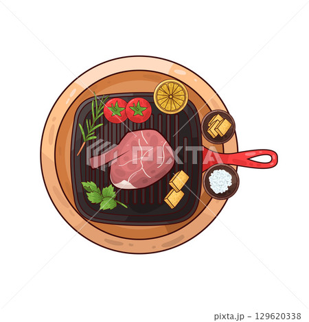 illustration of meat on a grilling pan with various accompaniments 129620338