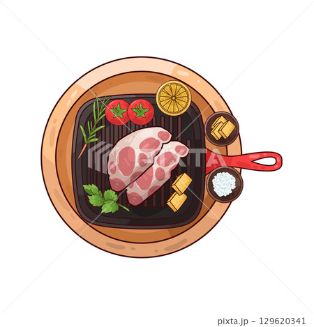 illustration of meat on a grilling pan with various accompaniments illustration of meat on a grilling pan with various accompaniments 129620341