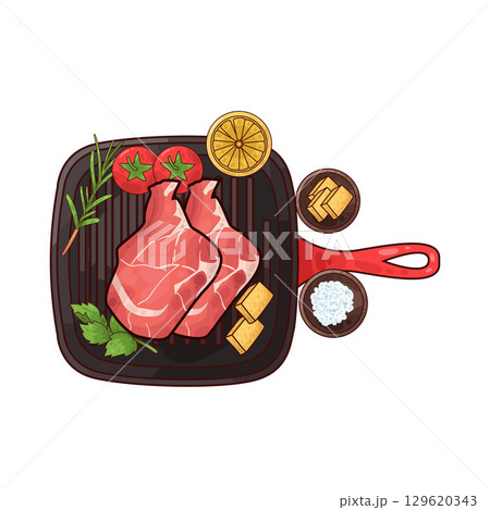 illustration of meat on a grilling pan with various accompaniments 129620343