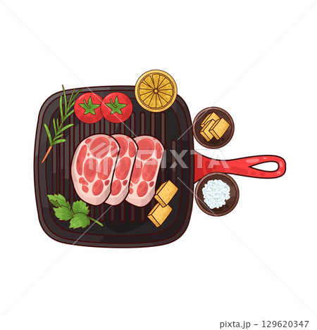 illustration of meat on a grilling pan with various accompaniments illustration of meat on a grilling pan with various accompaniments 129620347