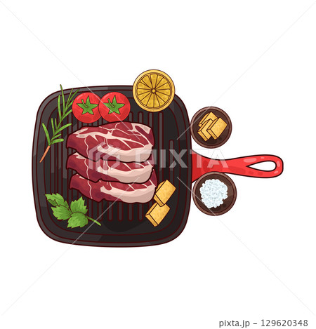 illustration of meat on a grilling pan with various accompaniments illustration of meat on a grilling pan with various accompaniments 129620348