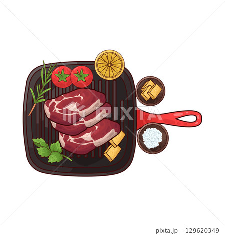 illustration of meat on a grilling pan with various accompaniments 129620349