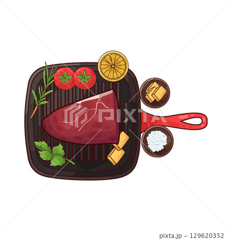 illustration of meat on a grilling pan with various accompaniments 129620352