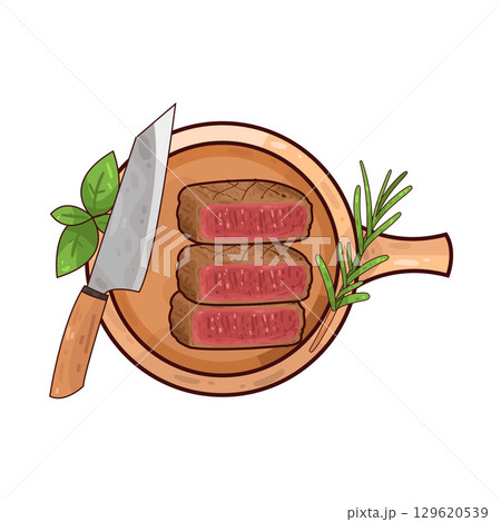 illustration of meat on a wooden cutting board alongside a knife and herbs illustration of meat on a wooden cutting board alongside a knife and herbs 129620539