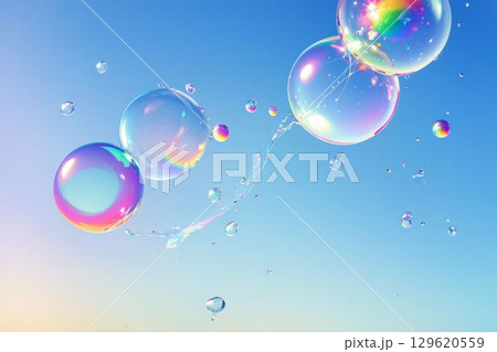 弾ける水滴と虹色に輝くシャボン玉 129620559