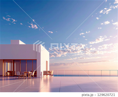 夕景の海と空を望むミニマルな屋上テラス 129620721