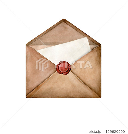 Hand painted watercolor craft envelope with wax seal and letter. Good for postcards, invitations, greeting cards, wallpaper, textiles. 129620990