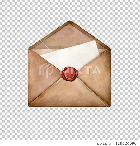 Hand painted watercolor craft envelope with wax seal and letter. Good for postcards, invitations, greeting cards, wallpaper, textiles. 129620990