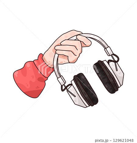 illustration of hand holding headphone illustration of hand holding headphone 129621048